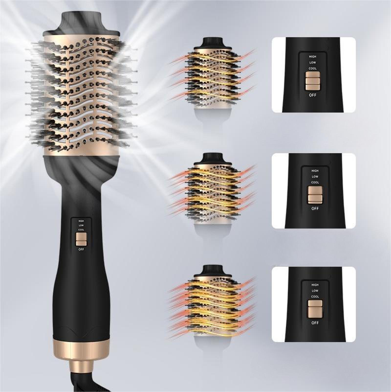 Eine schwarz-goldene Haarstylingbürste mit mehreren Aufsätzen. Steuertasten sind abgebildet, und ein Hitzeeffekt ist vorhanden.