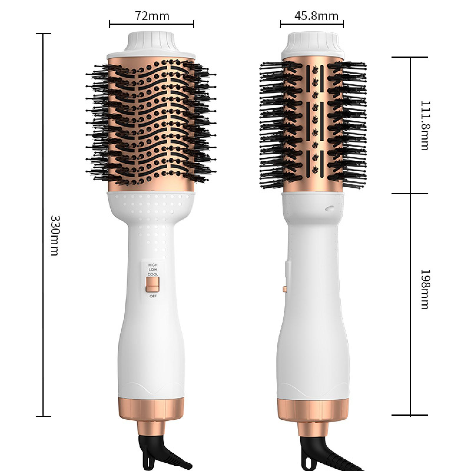 Zwei weiße und roségoldene Haarstylingbürsten. Abmessungen werden angezeigt. Einer zeigt eine Breite von 72 mm und eine Länge von 330 mm.
