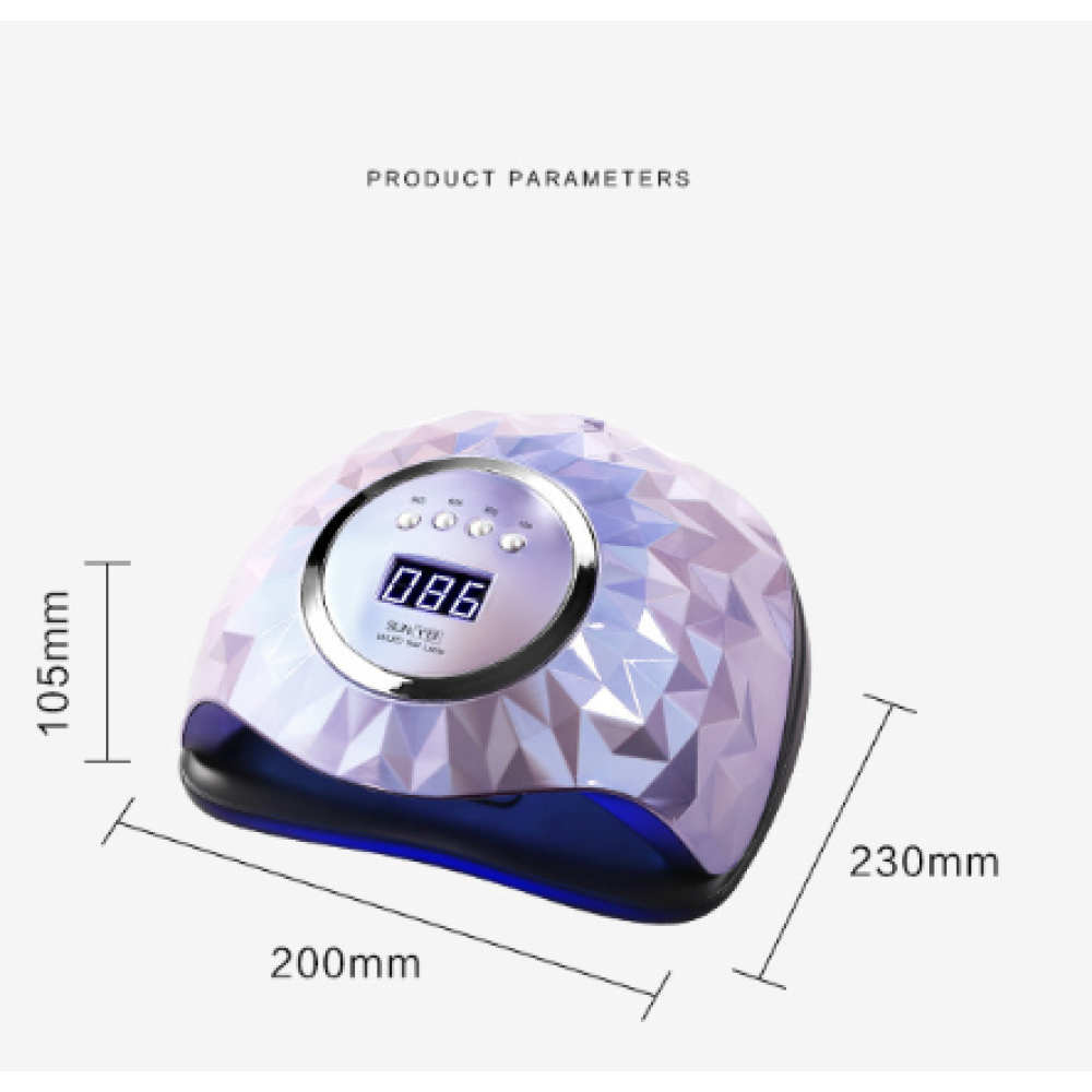 Eine Nagellampe mit Abmessungen. Sie hat eine ovale Form und ein Digitaldisplay mit der Anzeige '086'. Die Lampe ist hellviolett.