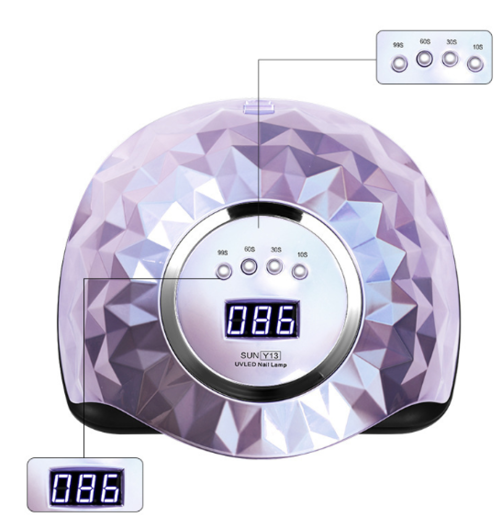 Eine UV-LED-Nagellampe mit digitaler Anzeige '086'. Sie hat eine rautenförmige Oberfläche. Tasten zeigen Zeiteinstellungen an.