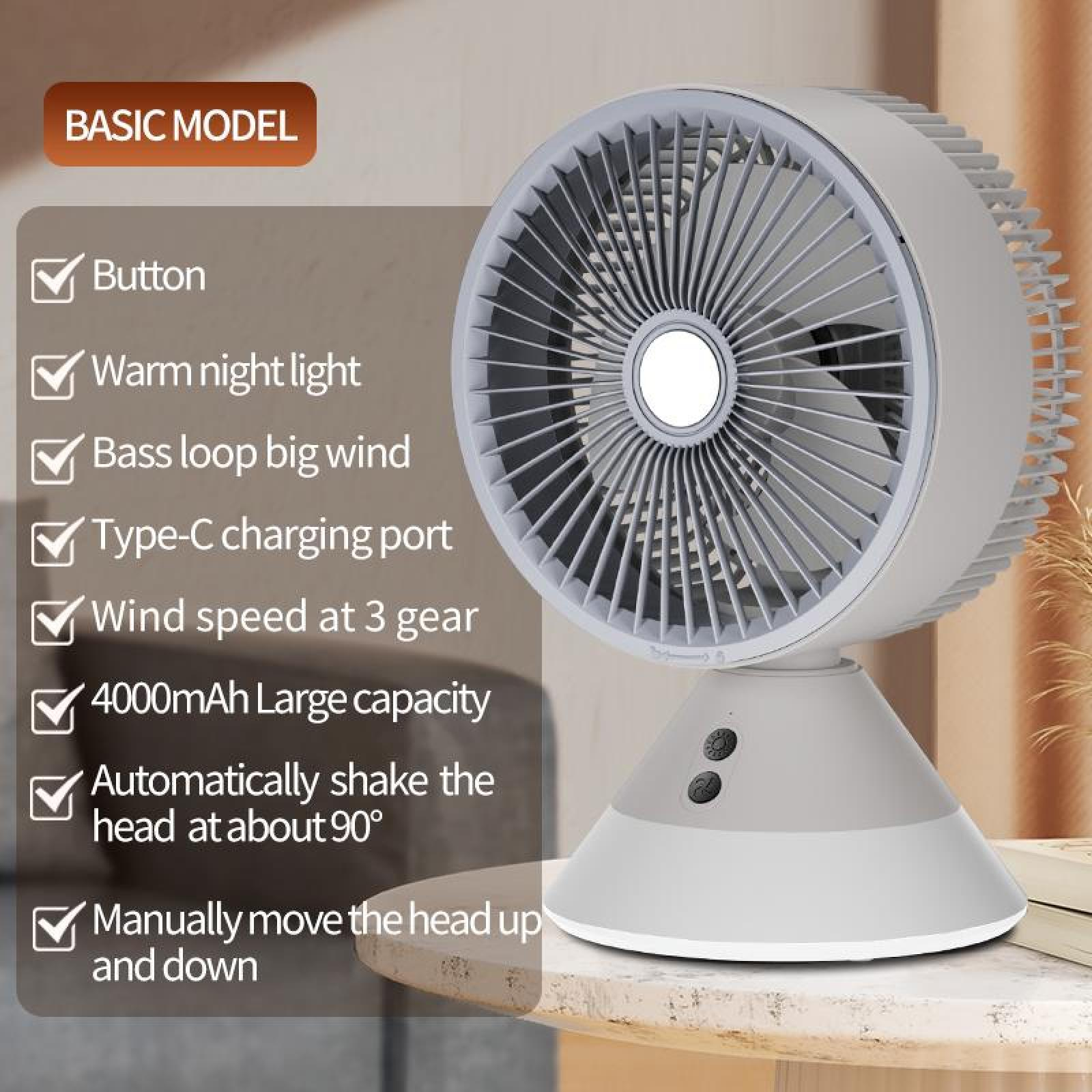 Ein weiß-grauer Schreibtischventilator steht auf einer Holzoberfläche. Zu den Merkmalen gehören eine Taste, ein Nachtlicht und 3 Windstufen.