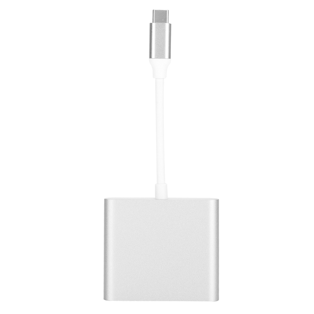 Ein silberner USB-C-Adapter, der über ein weißes Kabel mit einem silbernen rechteckigen Block verbunden ist. Der Hintergrund ist schlicht weiß.