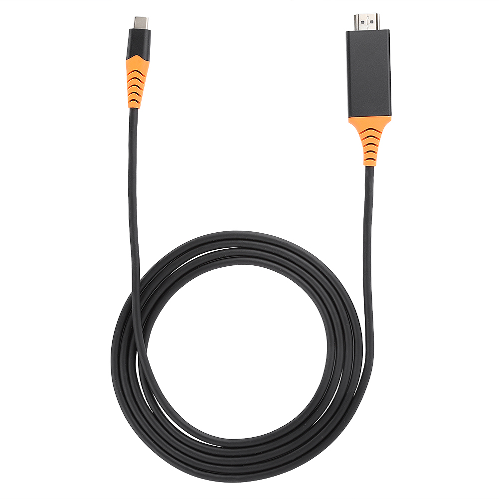Ein schwarzes Kabel mit orangefarbenen Akzenten und Steckern an beiden Enden, zu einer Schlaufe geformt.