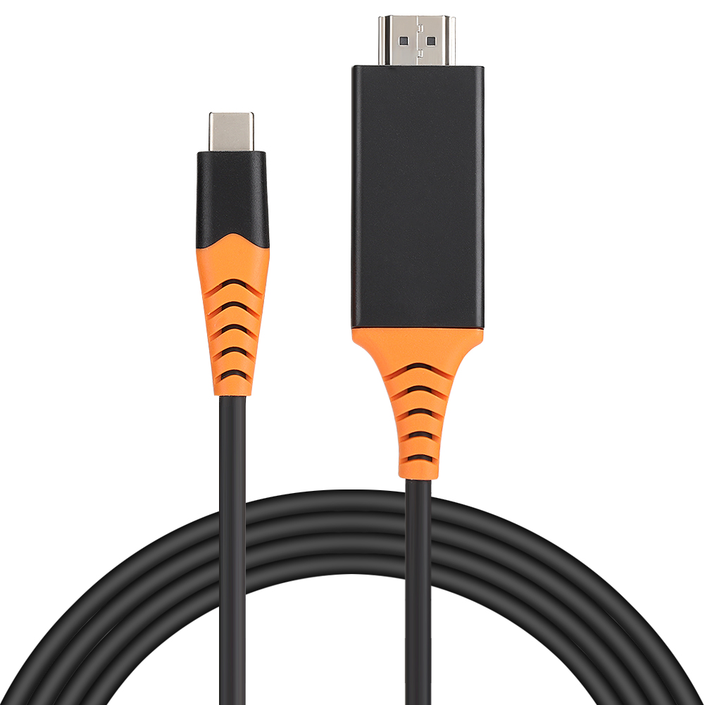Ein orangefarbenes und schwarzes Adapterkabel mit USB-C- und HDMI-Anschlüssen. Das Kabel ist schwarz und am Boden aufgerollt, vor weißem Hintergrund.
