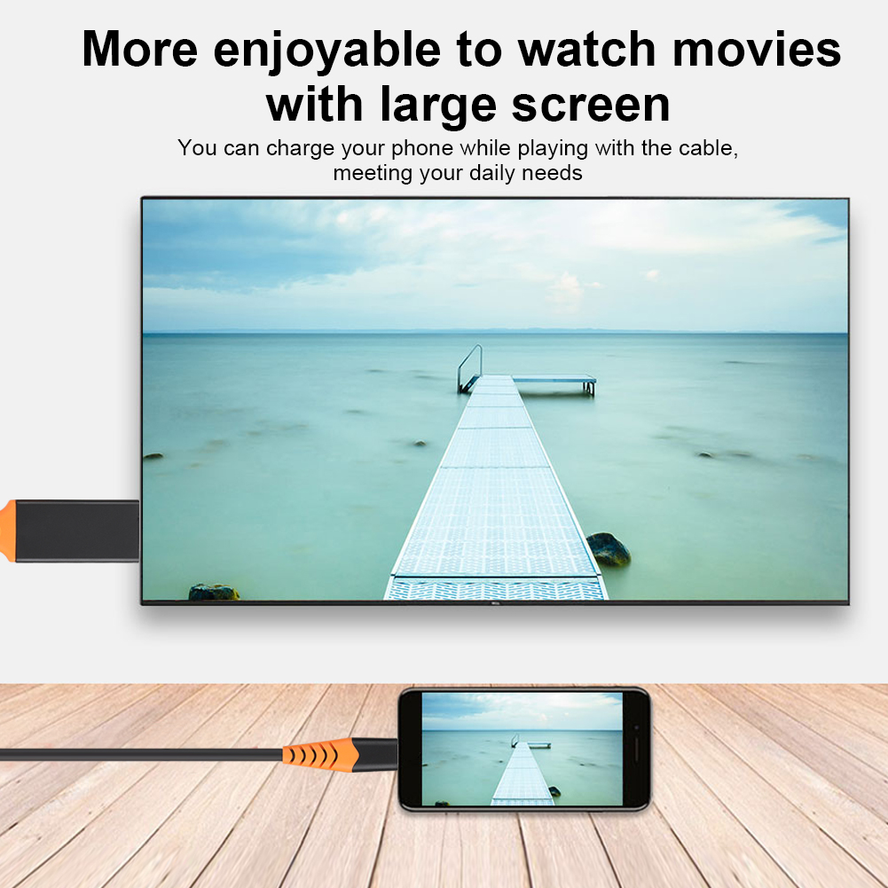 Ein Telefon ist über ein Kabel mit einem Fernseher verbunden. Der Fernseher zeigt einen Steg im Meer. Der Telefonbildschirm spiegelt die Szene wider.