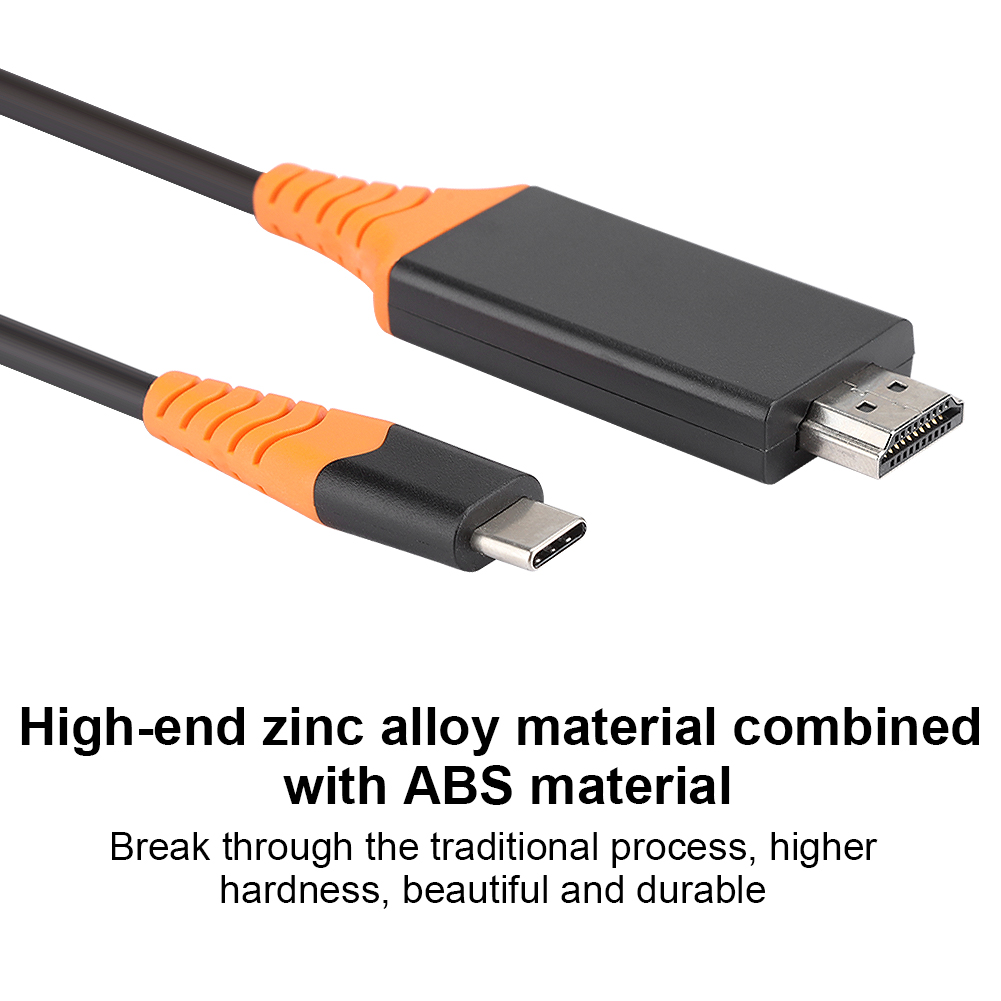 Ein schwarz-oranges Kabel mit USB-C-Anschluss und HDMI-Anschluss vor weißem Hintergrund, mit Text darunter.