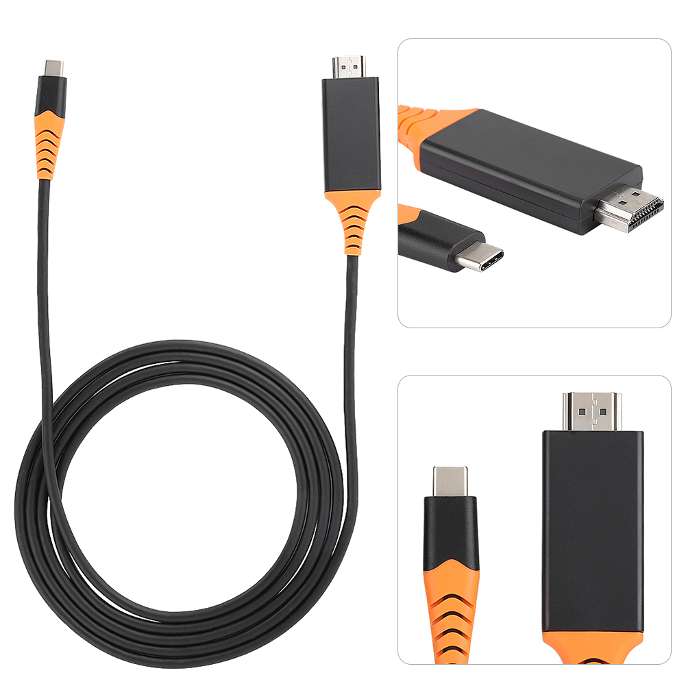 Schwarzes und oranges HDMI-zu-USB-C-Kabel. Enthält ein Hauptkabel und drei Einsetzbilder mit detaillierten Anschlüssen.