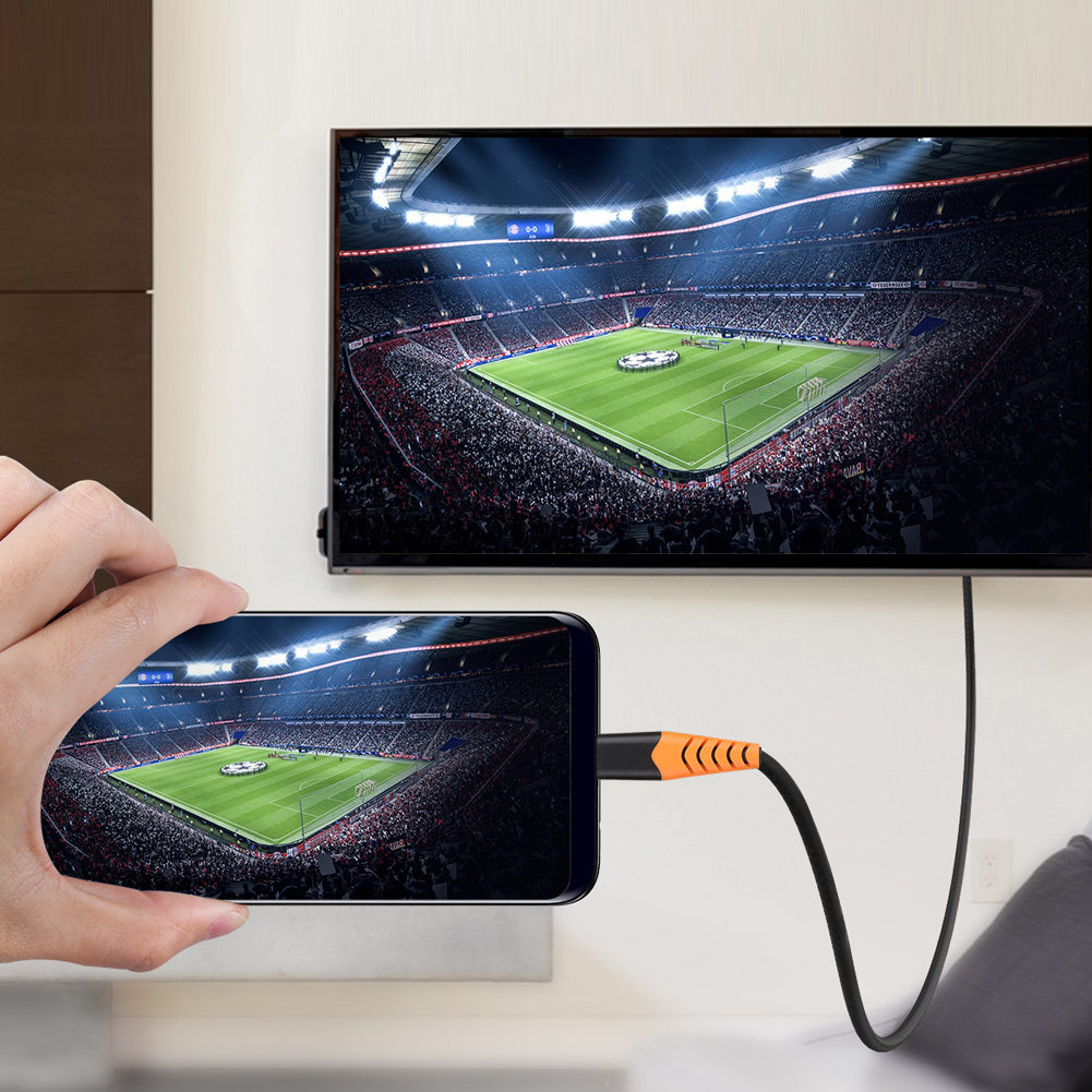 Eine Hand hält ein Handy mit einem Fußballstadion. Es ist über ein schwarzes Kabel mit einem Fernseher verbunden.