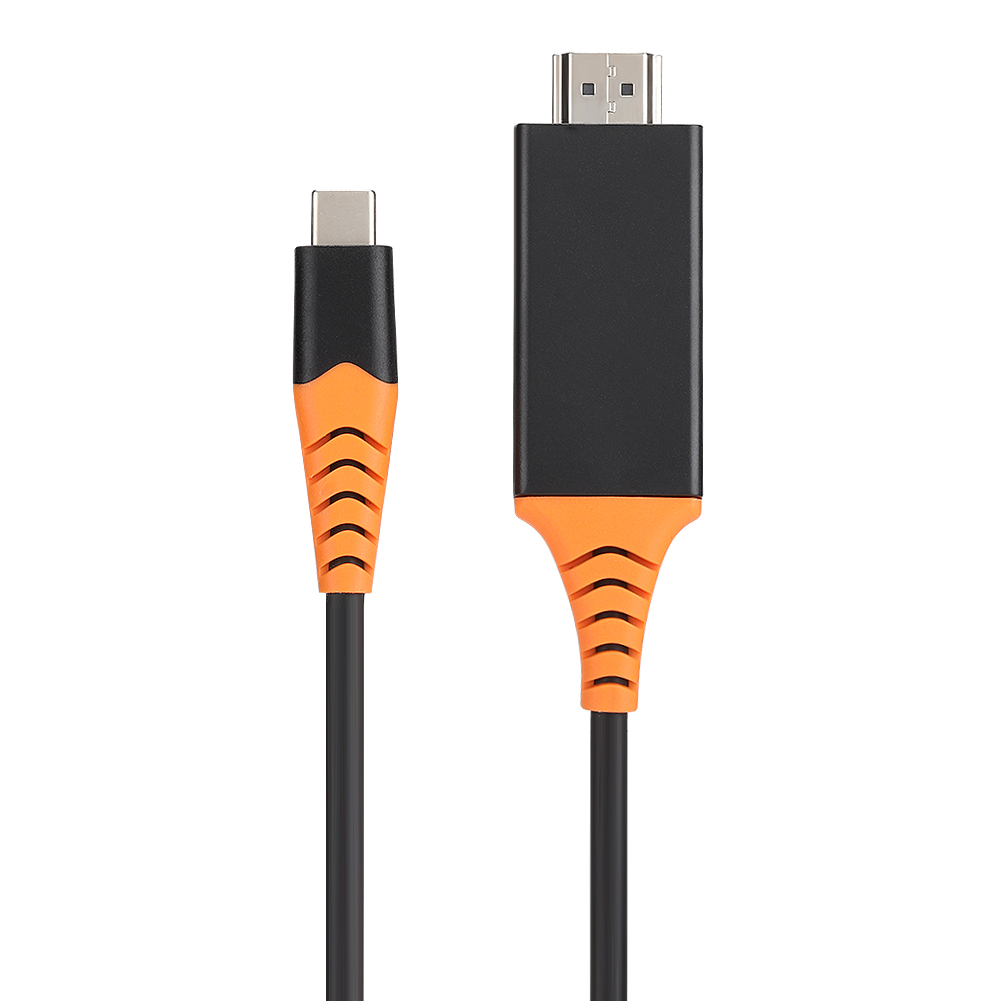 Ein orangefarbenes und schwarzes Kabel mit zwei Anschlüssen: USB-C und HDMI. Die Anschlüsse haben eine schwarze Ober- und eine orangefarbene Unterseite.