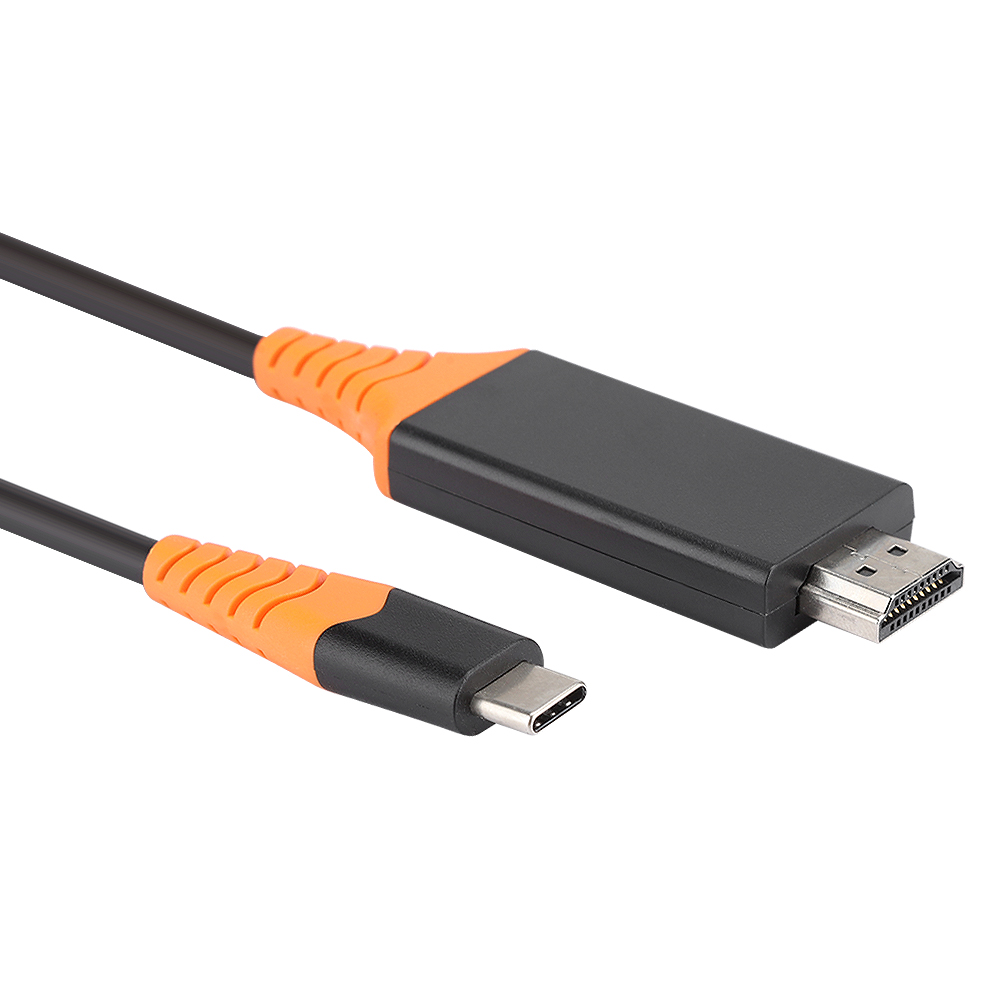 Schwarzes und oranges HDMI-Kabel mit einem USB-C-Anschluss an einem Ende und einem Standard-HDMI-Anschluss am anderen Ende, vor weißem Hintergrund.