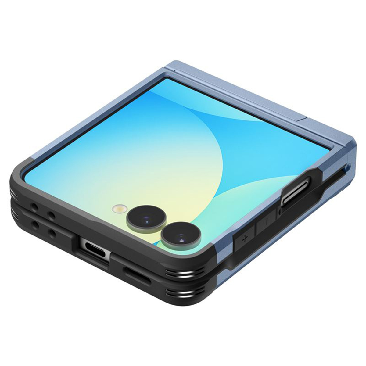 Telefono pieghevole con schermo blu e lenti della fotocamera nere. Il telefono è in una custodia protettiva ed è parzialmente aperto.