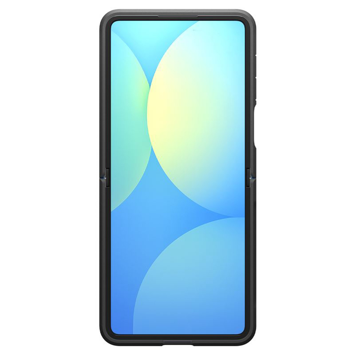 Uno smartphone piegato mostra una sfumatura blu e gialla. Il telefono è in una custodia nera, con una cornice scura.