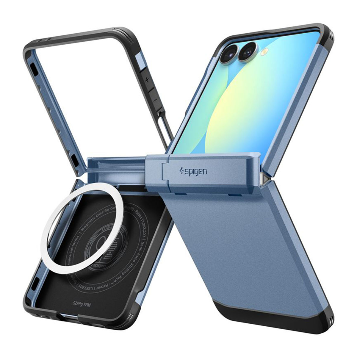 Custodia blu per telefono di Spigen, smontata. Le parti della custodia sono aperte, rivelando il telefono. Un anello bianco e una custodia nera sono visibili.
