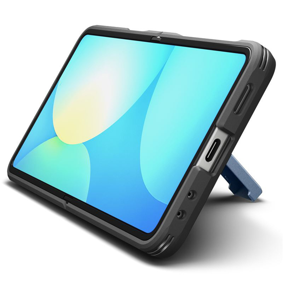 Un tablet in una custodia grigia con schermo blu, supportato da un supporto blu. Lo schermo mostra una sfumatura blu e gialla.