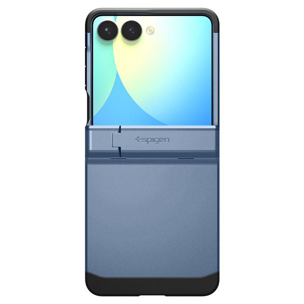 Un telefono blu con una custodia nera e grigia. Il logo Spigen è visibile. Le lenti della fotocamera del telefono sono in alto.