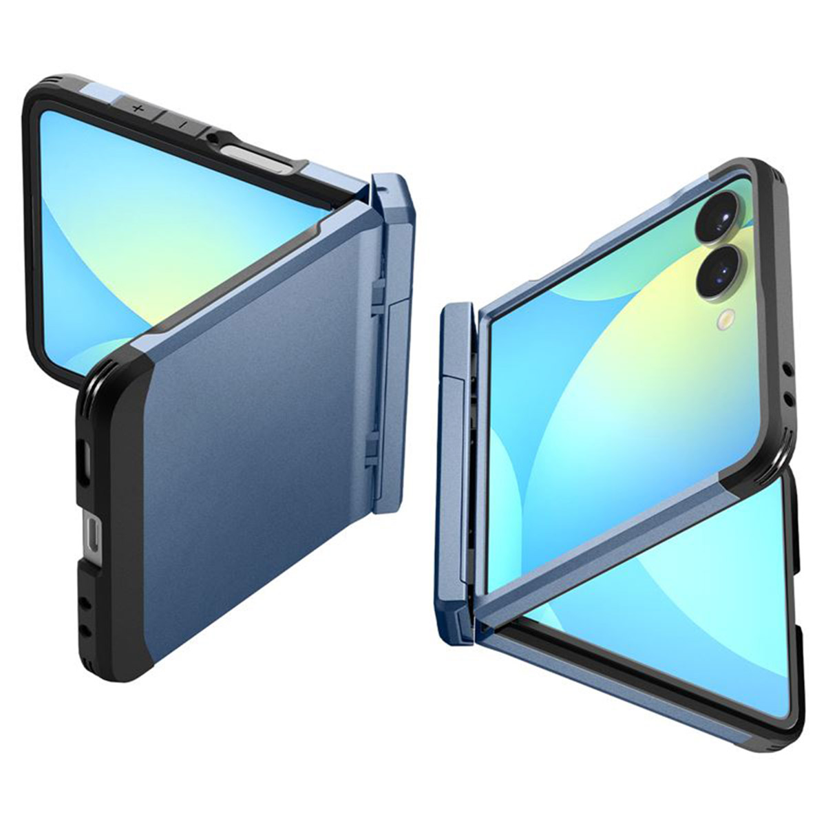 Due custodie blu aperte per smartphone con accenti neri e grigi. Uno ha lenti della fotocamera. Schermi blu sono visibili.
