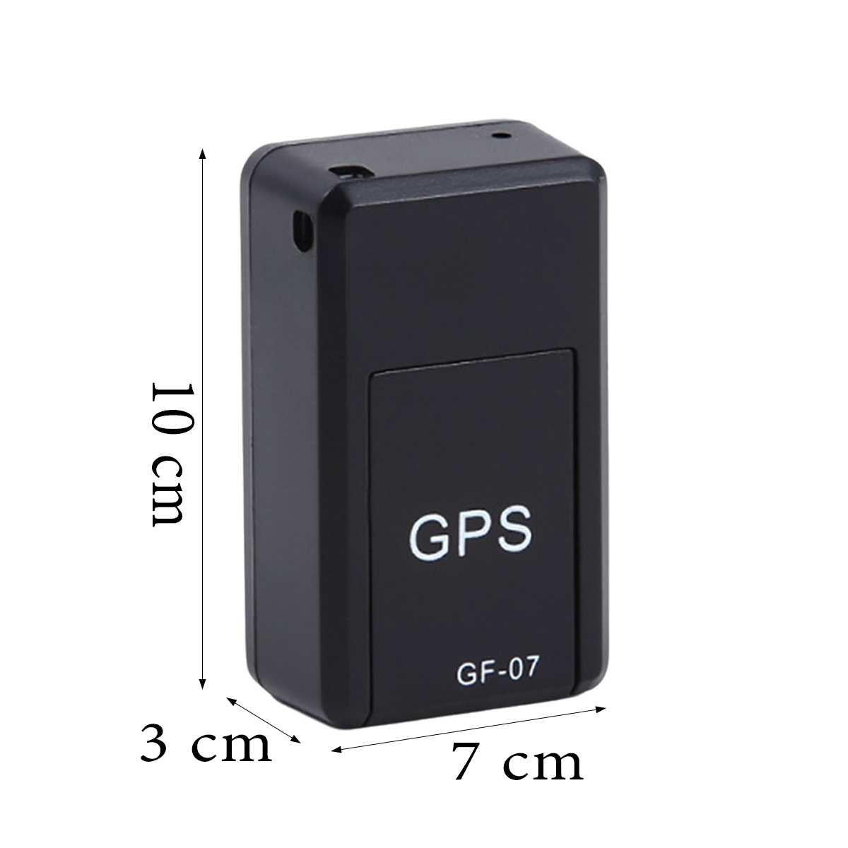 Schwarzer GPS-Tracker mit den Maßen: 10 cm hoch, 7 cm breit und 3 cm dick. 'GPS' und 'GF-07' sind aufgedruckt.