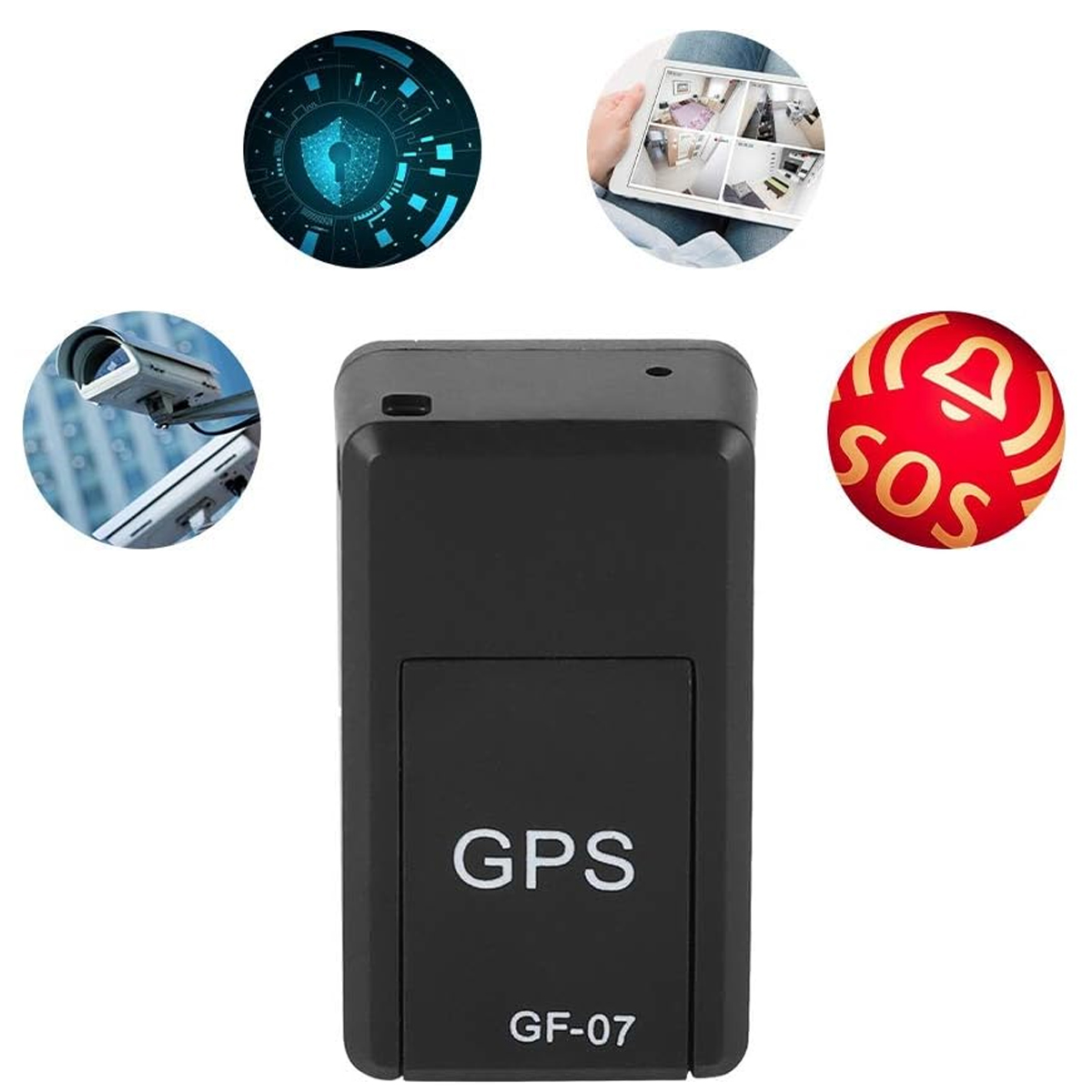 Schwarzer GPS-Tracker mit Aufdruck „GPS“ und „GF-07“. Symbole für Sicherheit, Kamera und SOS umgeben das Gerät.