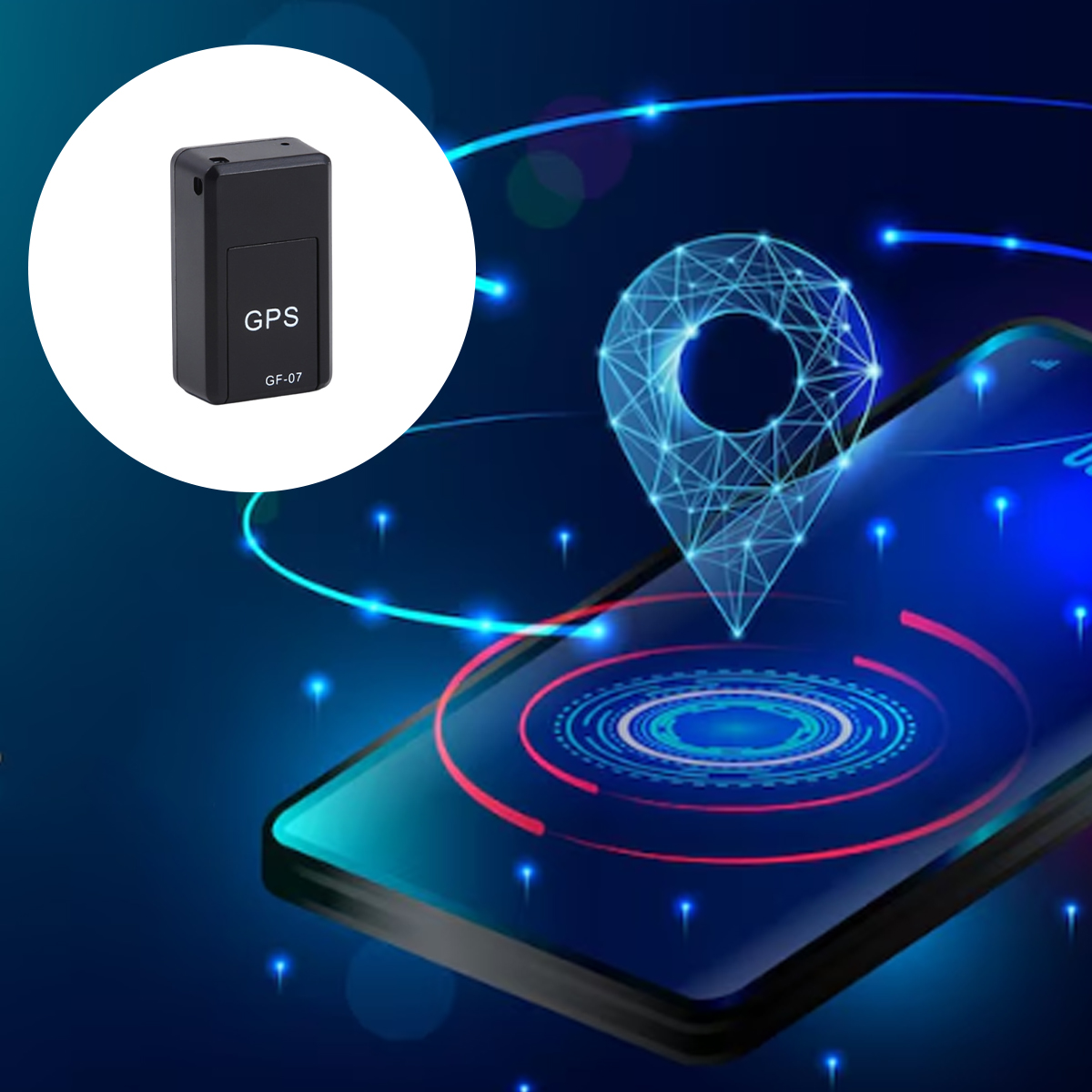 Schwarzer GPS-Tracker mit "GPS" und "GF-07". Ein Telefon mit Standortsymbol im Hintergrund, mit blauen und roten Lichtern.