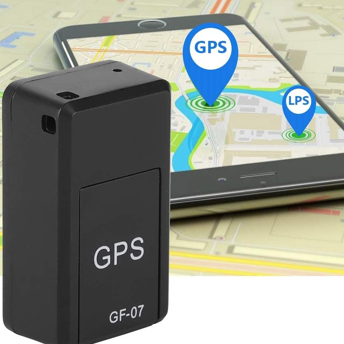 Schwarzes GPS-Tracker-Gerät mit GPS-Label und GF-07. Ein Smartphone zeigt eine Karte mit GPS- und LPS-Standort-Pins.