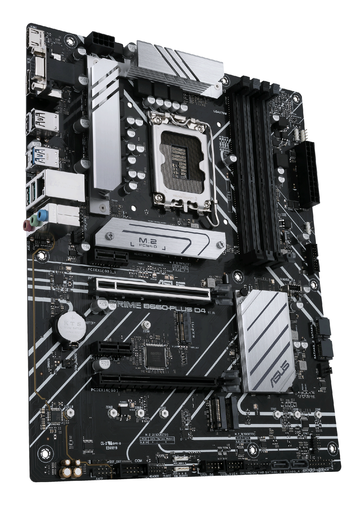Una scheda madre per computer nera e argento. Ha vari componenti come slot, chip e connettori. Il marchio ASUS è visibile.