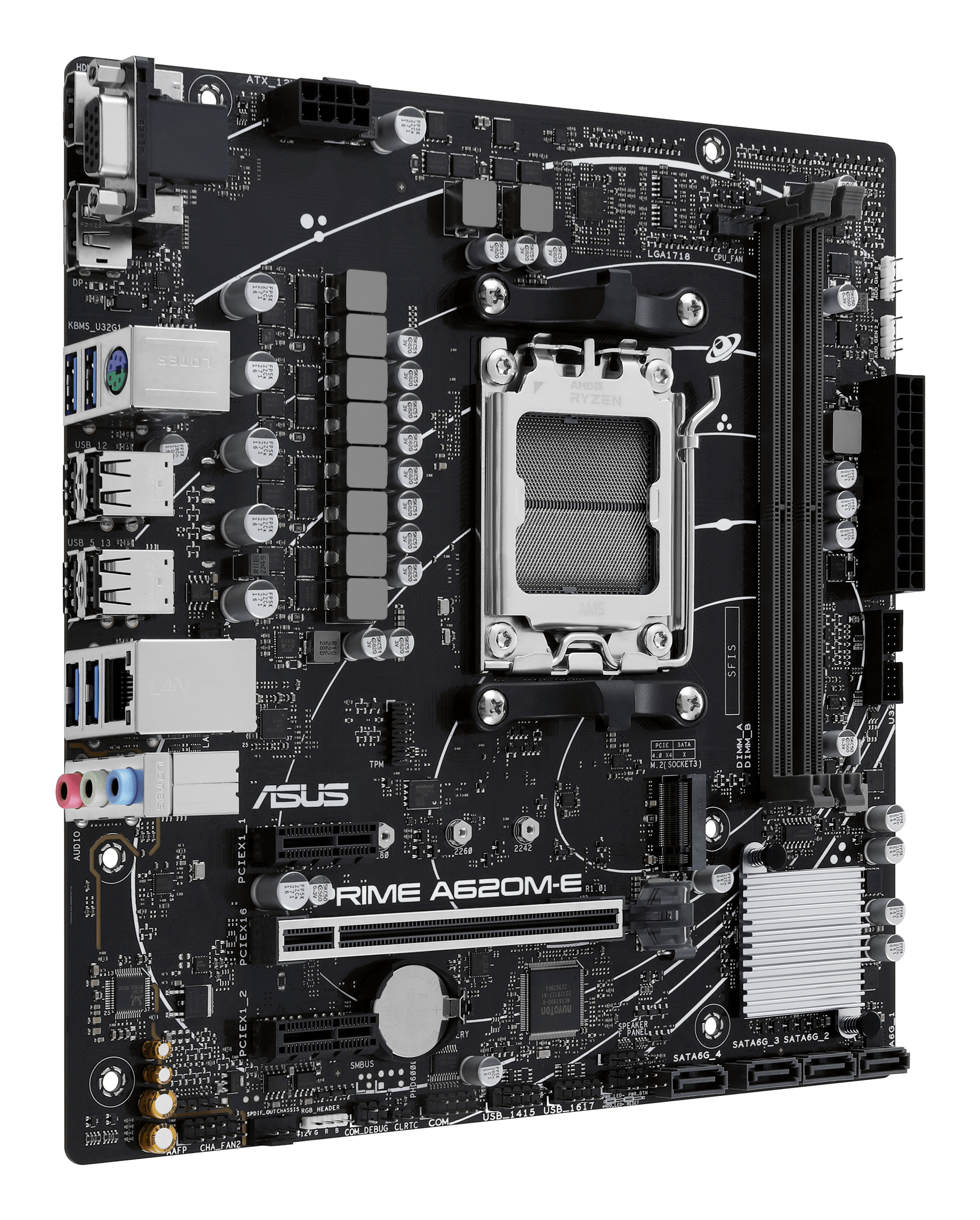 Een zwart ASUS Prime A620M-E moederbord met diverse componenten, waaronder Ryzen CPU-socket.