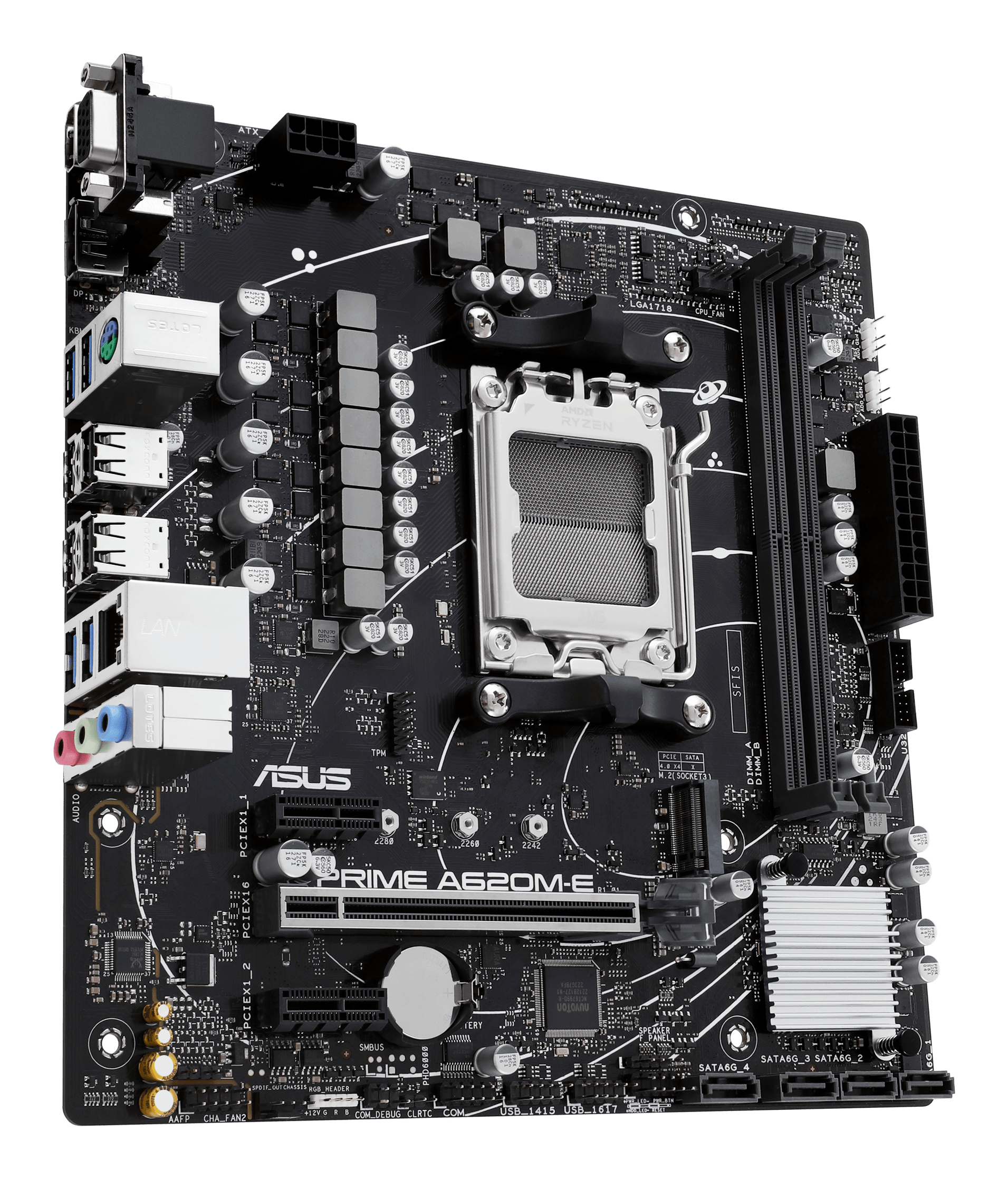 Çeşitli bileşenlere sahip siyah ASUS Prime A620M-E anakart: yuvalar, konektörler ve çipler. Beyaz arka plan.