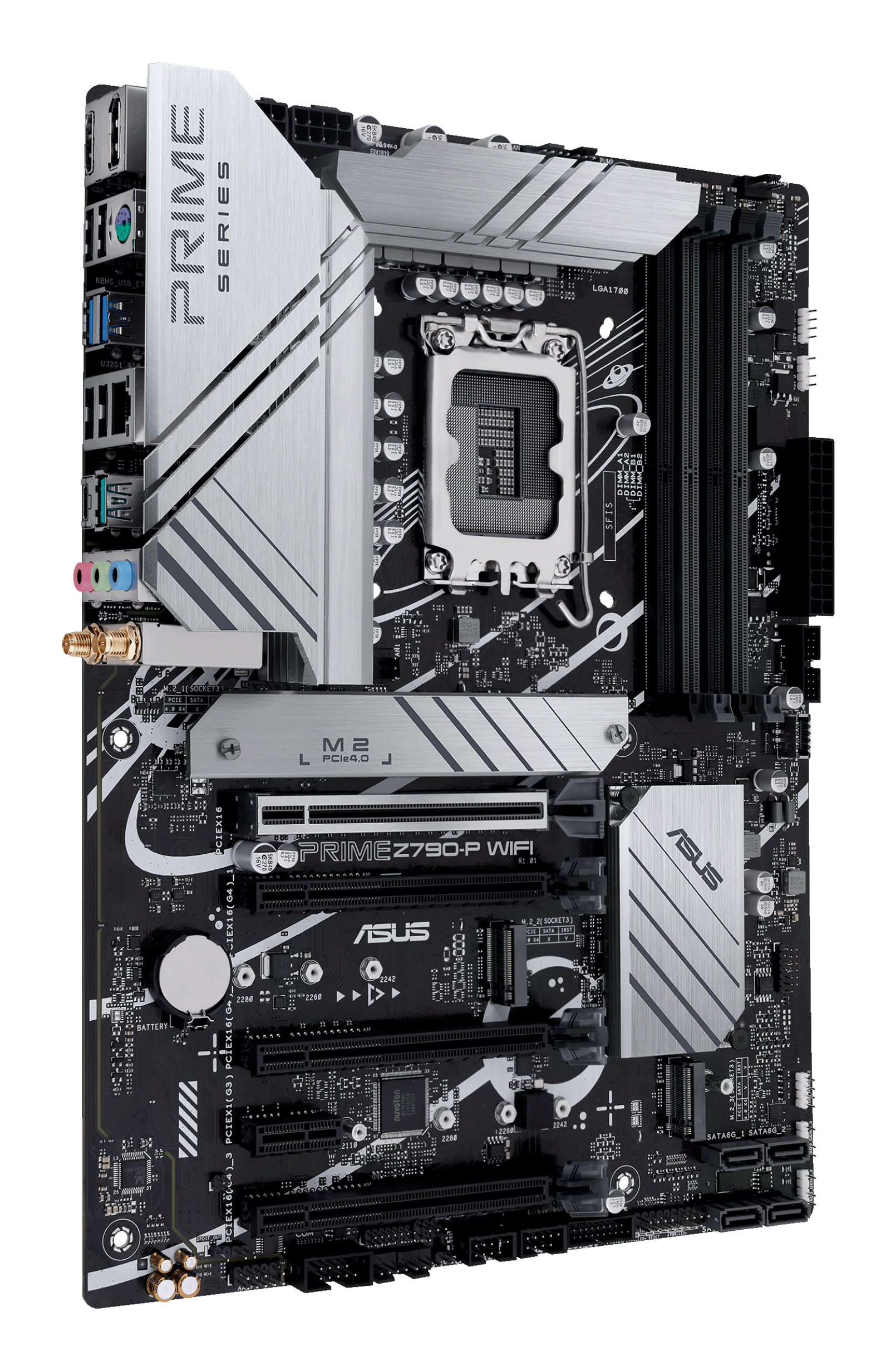 Una scheda madre ASUS Prime Z790-P WIFI nera e argento. Dispone di slot, porte e il logo ASUS.