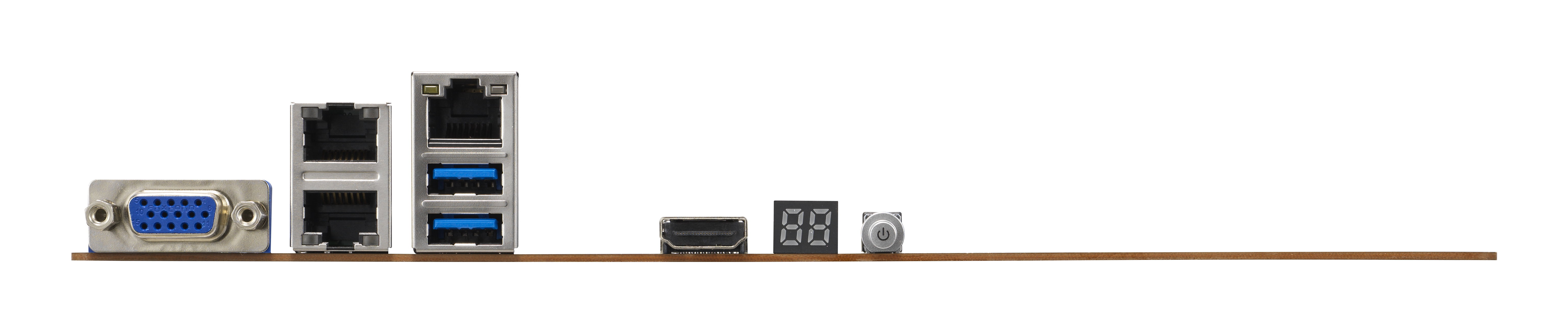 Panel tylny płyty głównej z portami i złączami, w tym VGA, LAN, USB i przyciskiem zasilania, na białym tle.