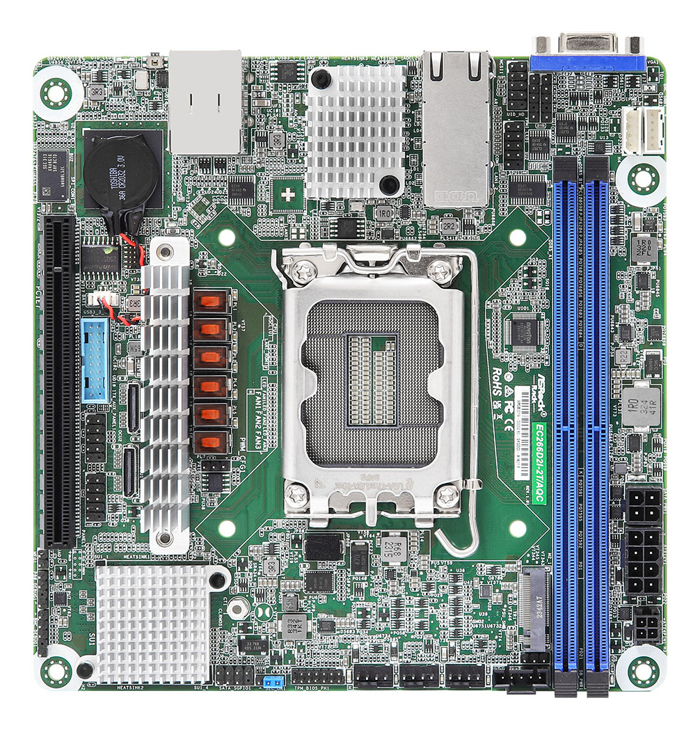 Un circuito stampato verde con vari componenti, tra cui chip, connettori e un socket CPU. Slot blu e neri sono visibili.