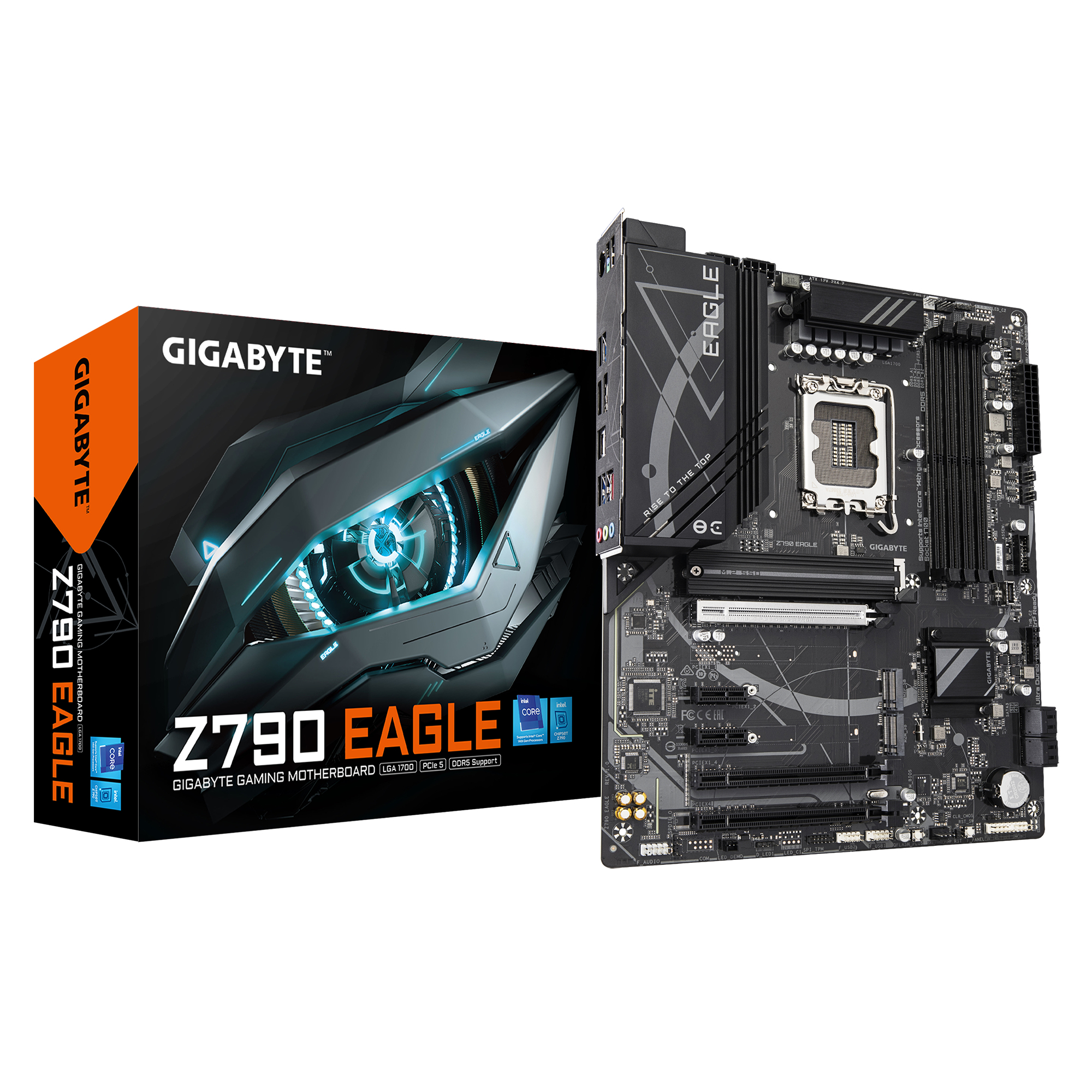 Una scheda madre Gigabyte Z790 Eagle con la sua scatola. La scatola è nera e arancione con il logo Gigabyte.