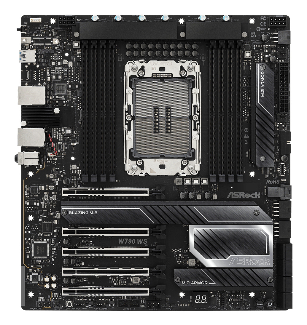 Scheda madre ASRock W790 WS nera. Include socket CPU, slot RAM, slot M.2 e vari connettori. La scheda ha il logo ASRock.