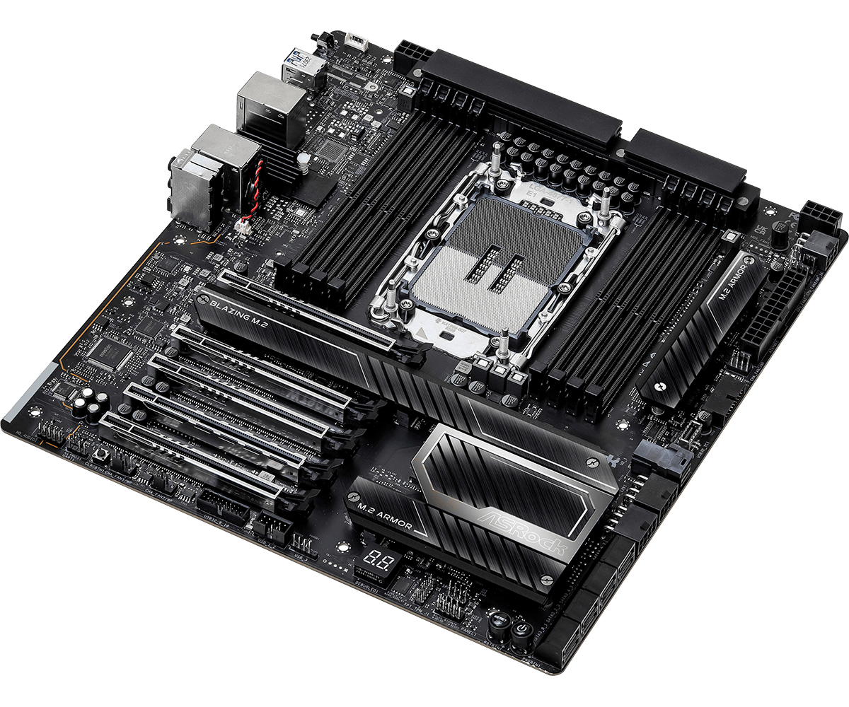Scheda madre ASRock nera con vari slot, connettori e un socket CPU centrale. Presenta le scritte "BLAZING M.2" e "M.2 ARMOR".