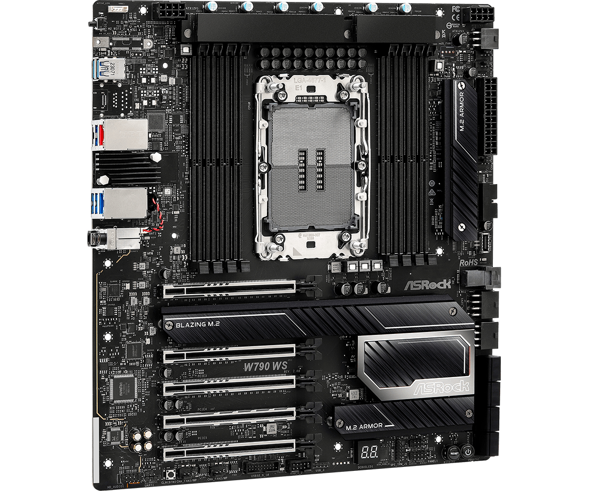 Una scheda madre per computer nera con vari componenti come slot, chip e connettori. Il marchio ASRock è visibile. Lo sfondo è bianco.