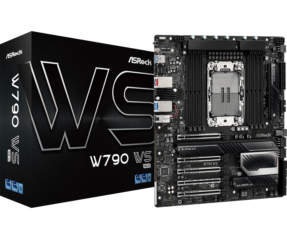 Una scheda madre e una scatola nere. La scatola presenta la scritta 'W790 WS'. La scheda madre è nera con componenti argentati.