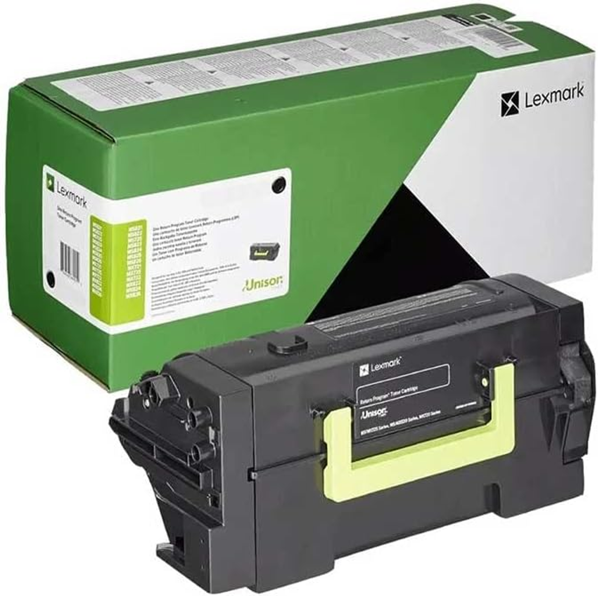 Toner i pudełko Lexmark. Pudełko jest zielono-białe. Wkład jest czarny z żółtymi akcentami.