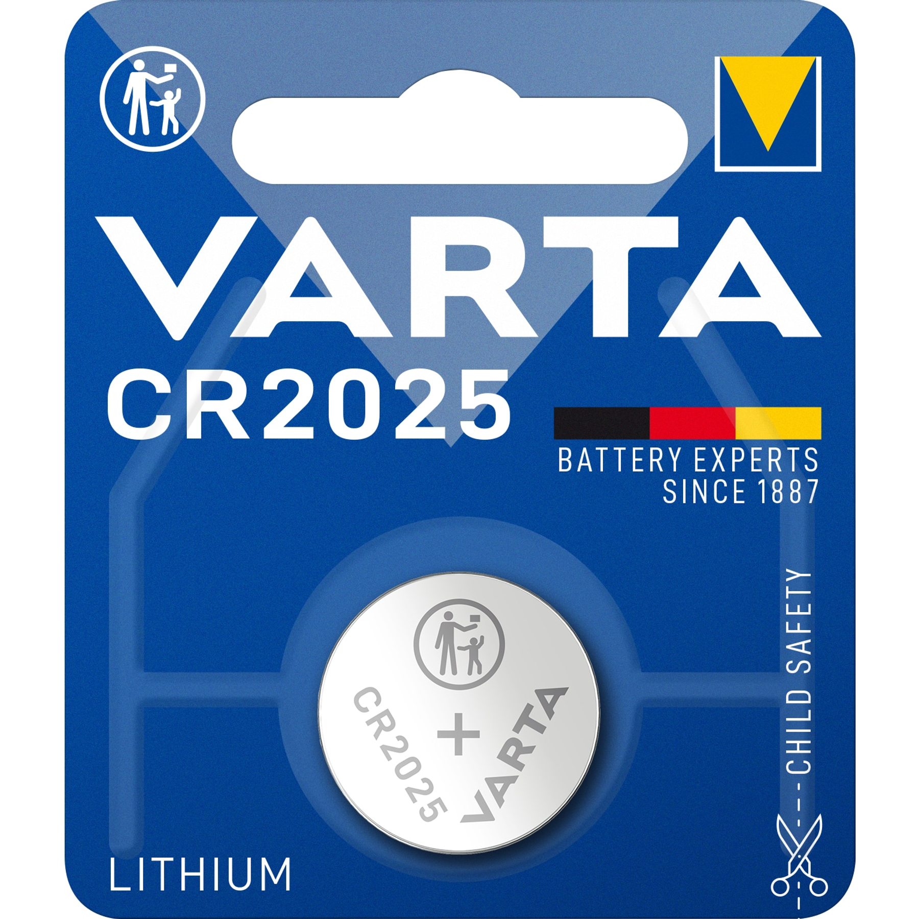 Confezione batterie VARTA CR2025. Imballaggio blu e bianco. Presenta sicurezza bambini e avvertenze sul litio. Include una batteria a bottone.