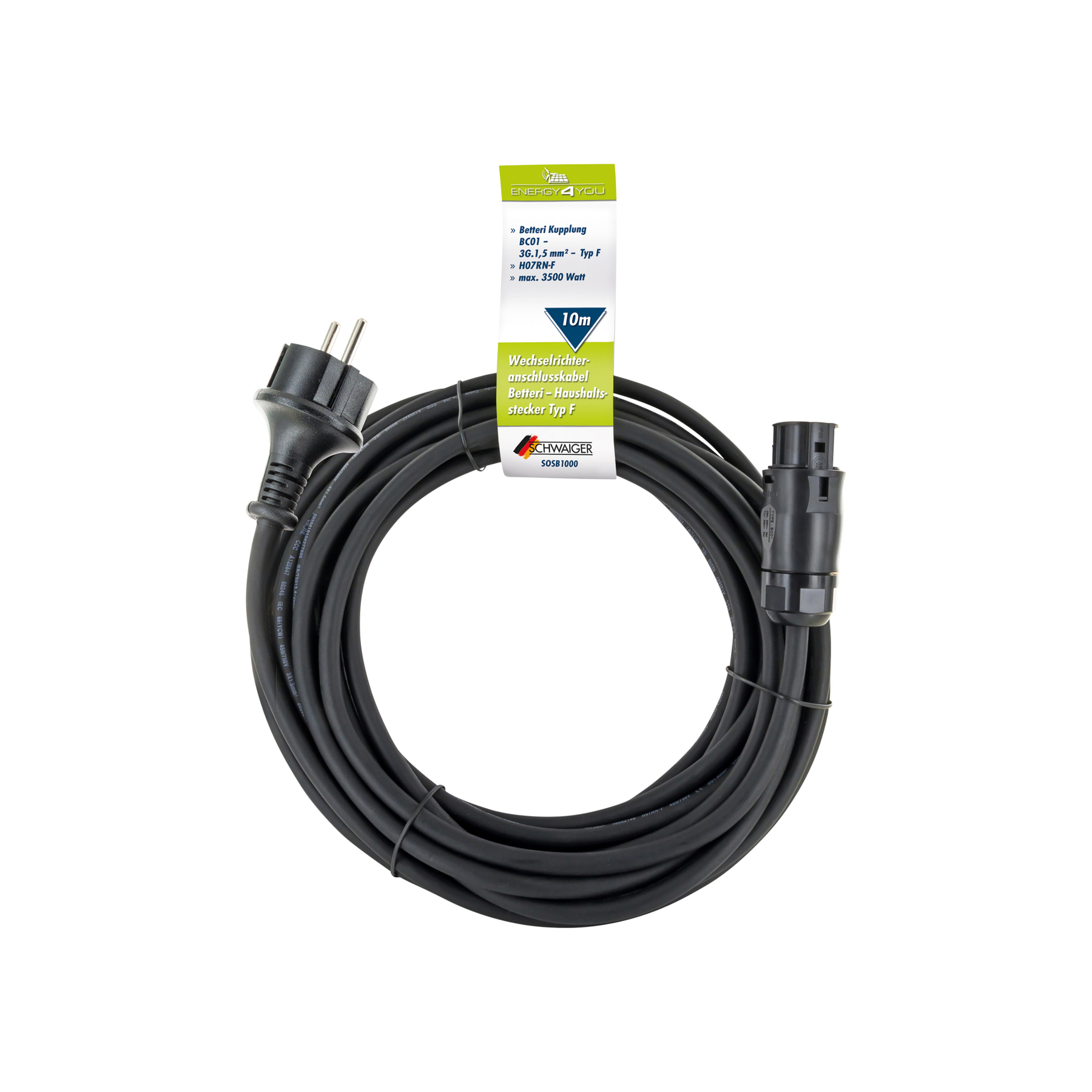 Schwarzes Stromkabel mit Stecker und Anschluss. Es ist aufgerollt und beschriftet. Ein weißer Hintergrund.