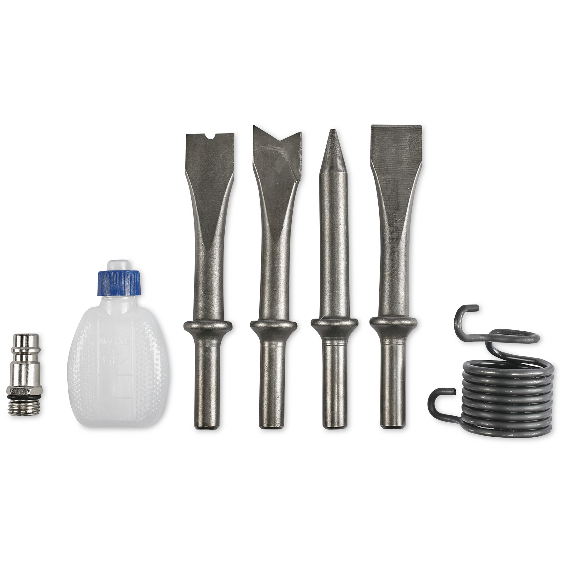 Set di strumenti: scalpelli, bottiglia con tappo blu, connettore e molla su sfondo bianco.