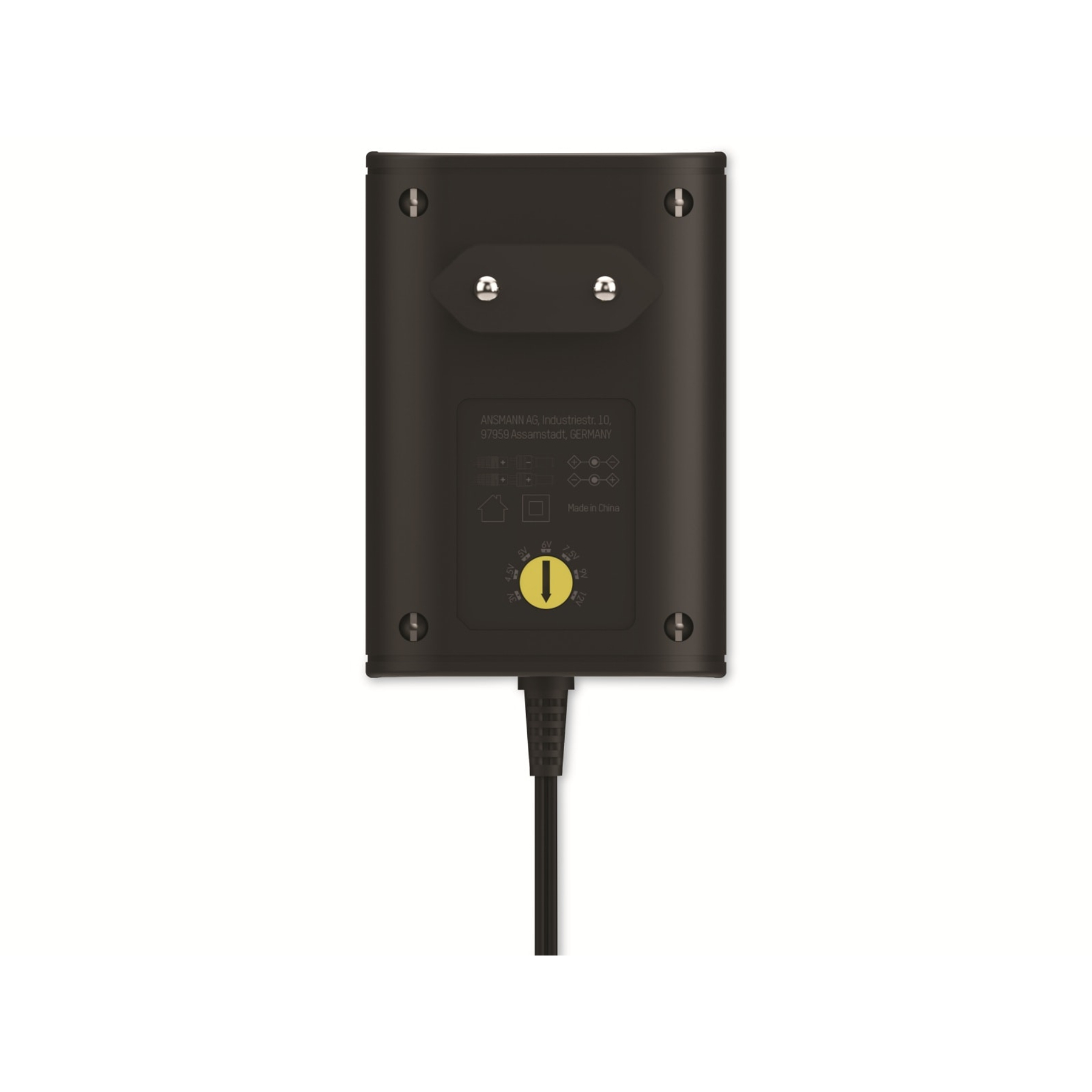 Ein schwarzer Netzadapter von hinten gesehen, mit einem Drehregler und einem Kabel. Der Hintergrund ist weiß.