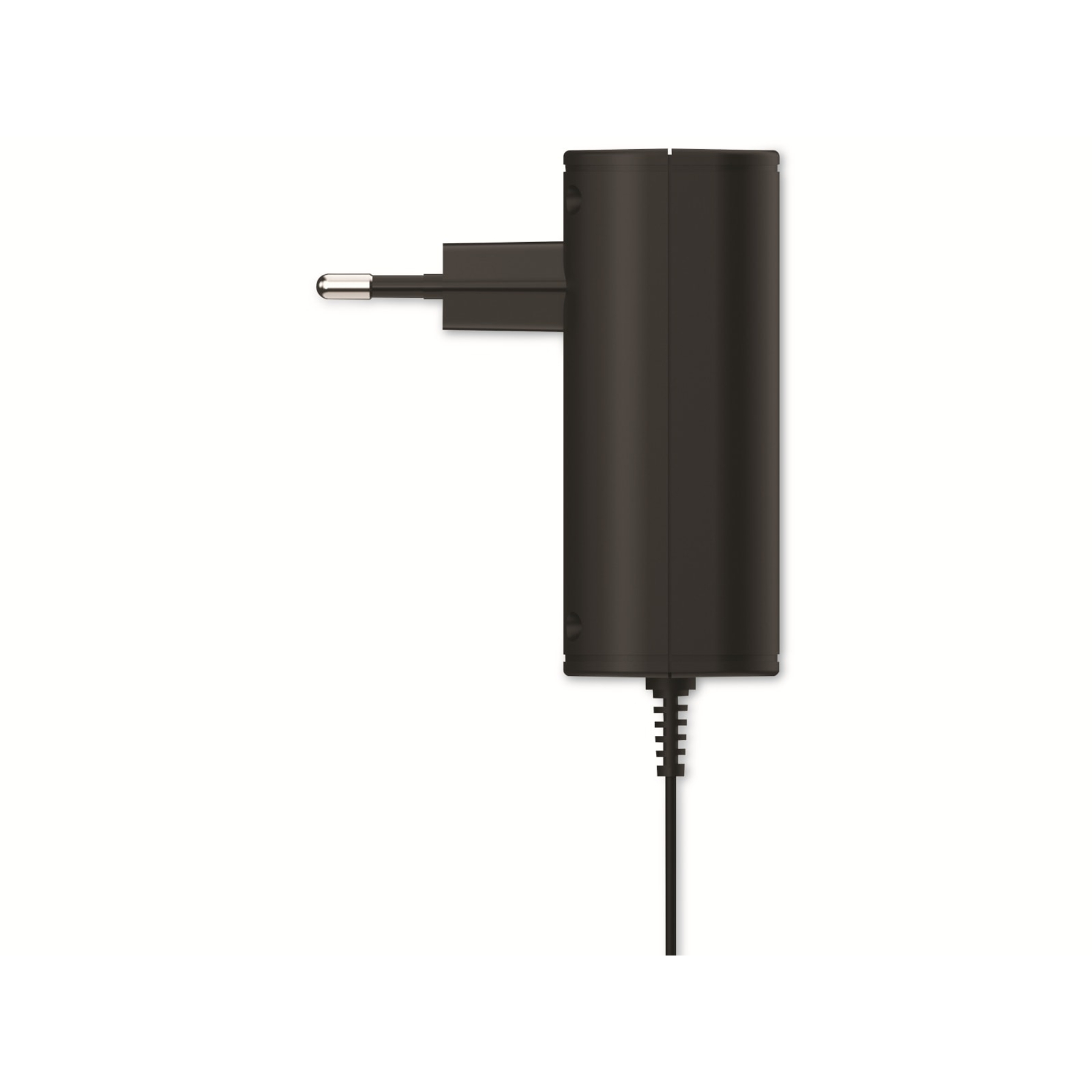 Ein schwarzes Netzteil mit Stecker vor weißem Hintergrund. Das Kabel geht nach unten, der Stecker links.