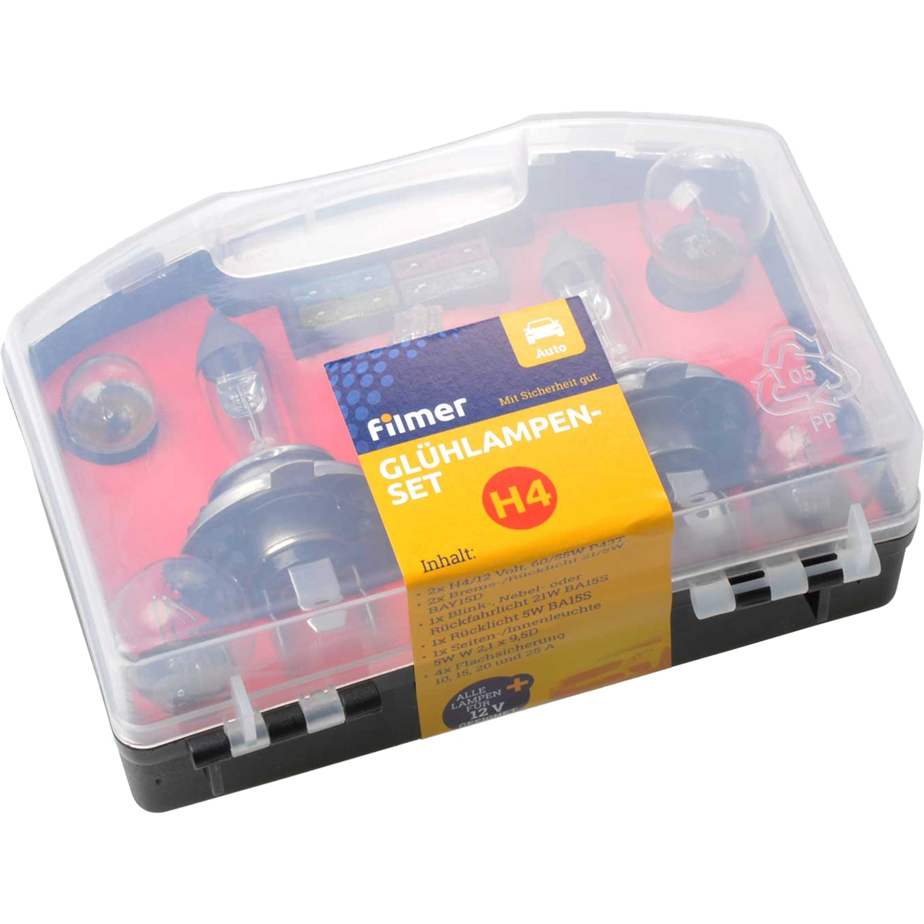 Ein Autoscheinwerfersatz in einer transparenten Plastikbox. Die Box enthält mehrere Glühbirnen und ein Etikett mit deutschem Text.