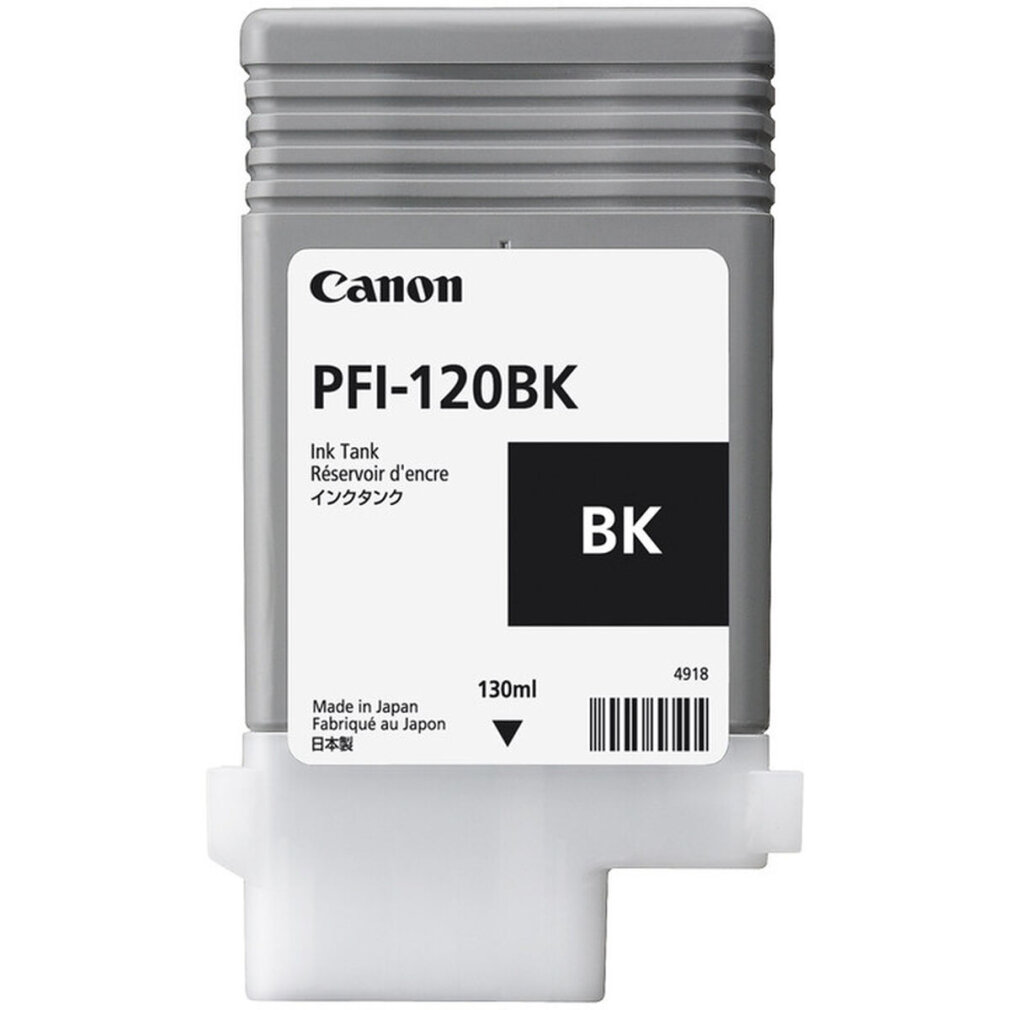 Canon PFI-120BK Tintenpatrone. Grauer Deckel, weißes Etikett mit Text und schwarzem Feld mit 'BK'. Unterteil weiß.