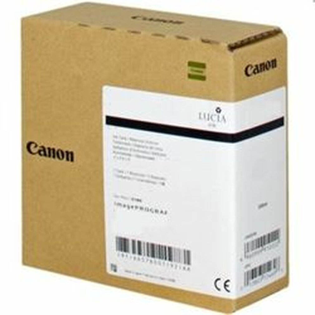 Een Canon inktcartridge doos. De doos is bruin en wit, met het Canon logo en productinformatie. Bevat Lucia inkt.