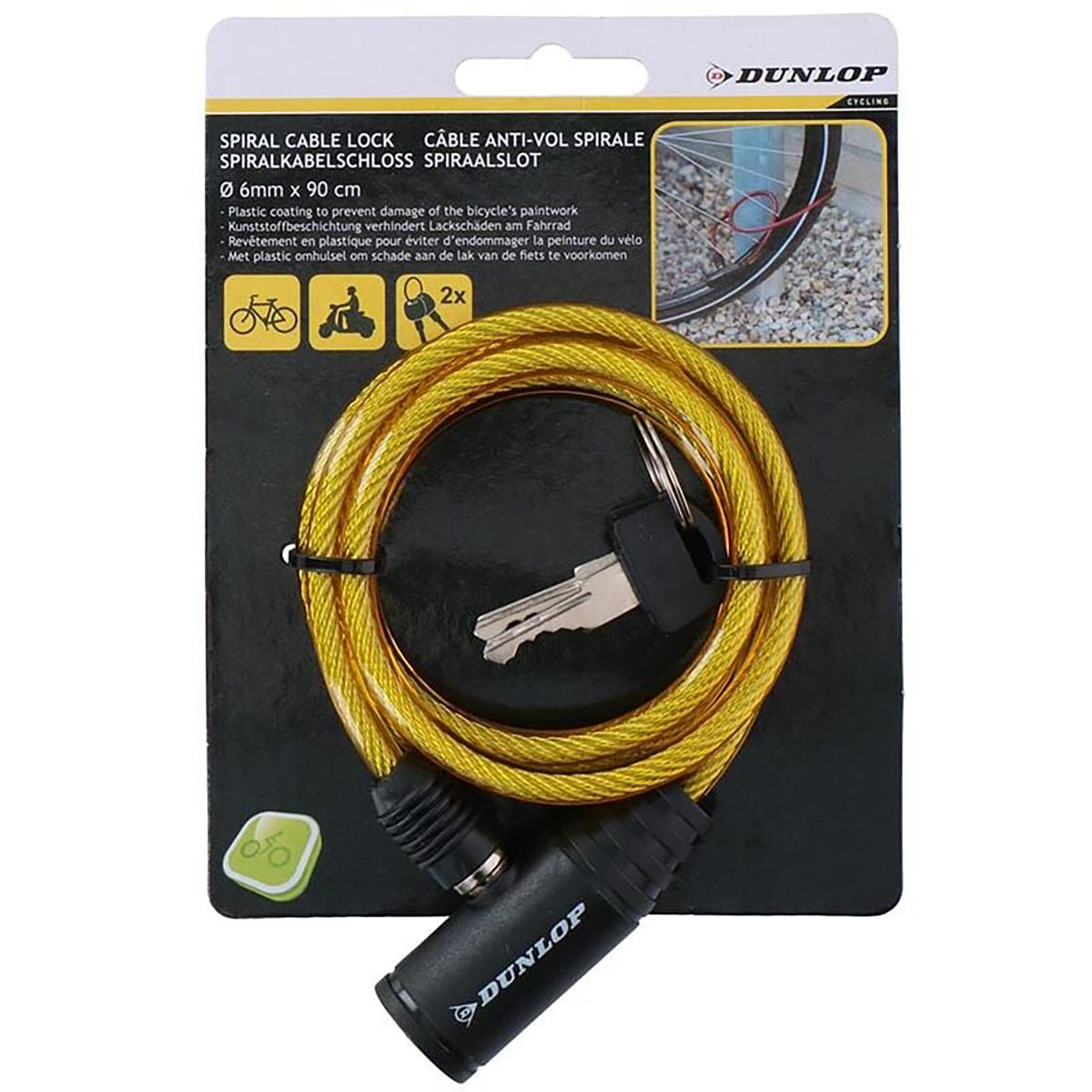 Ein gelbes Spiralkabelschloss mit Schlüsseln, ein schwarzer Schlosskopf und eine Verpackung mit Dunlop-Logo auf weißem und schwarzem Hintergrund.