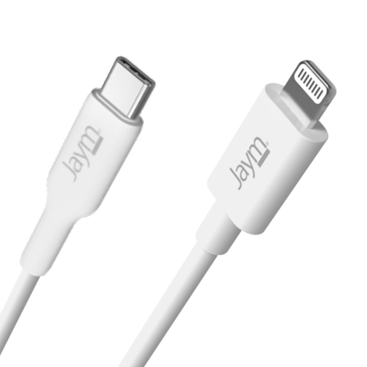 Due cavi di ricarica bianchi, uno USB-C e uno Lightning, entrambi con il marchio 'Jaym'.