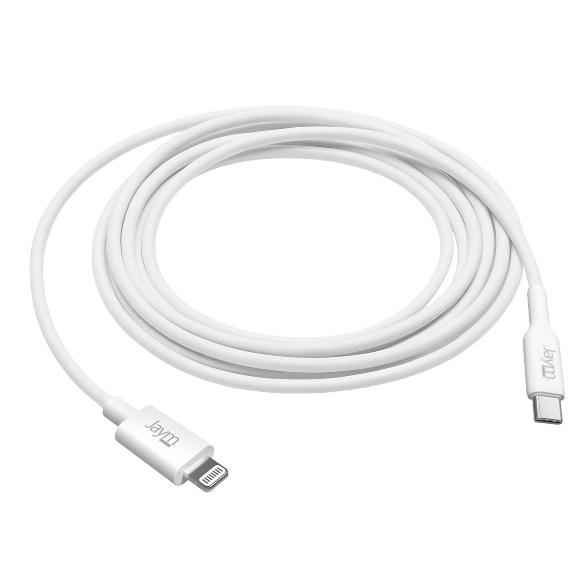 Un cavo di ricarica bianco, arrotolato. Un'estremità ha un connettore Lightning, l'altra USB-C. Entrambe le estremità hanno il marchio 'jaym'.