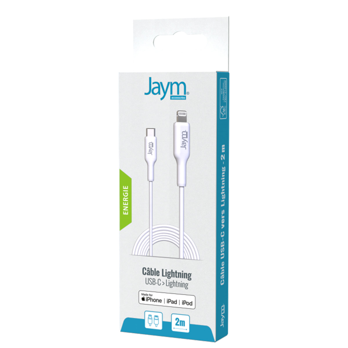 Un cavo da USB-C a Lightning bianco in una confezione. La confezione ha testo in francese e inglese, con il marchio 'Jaym'.