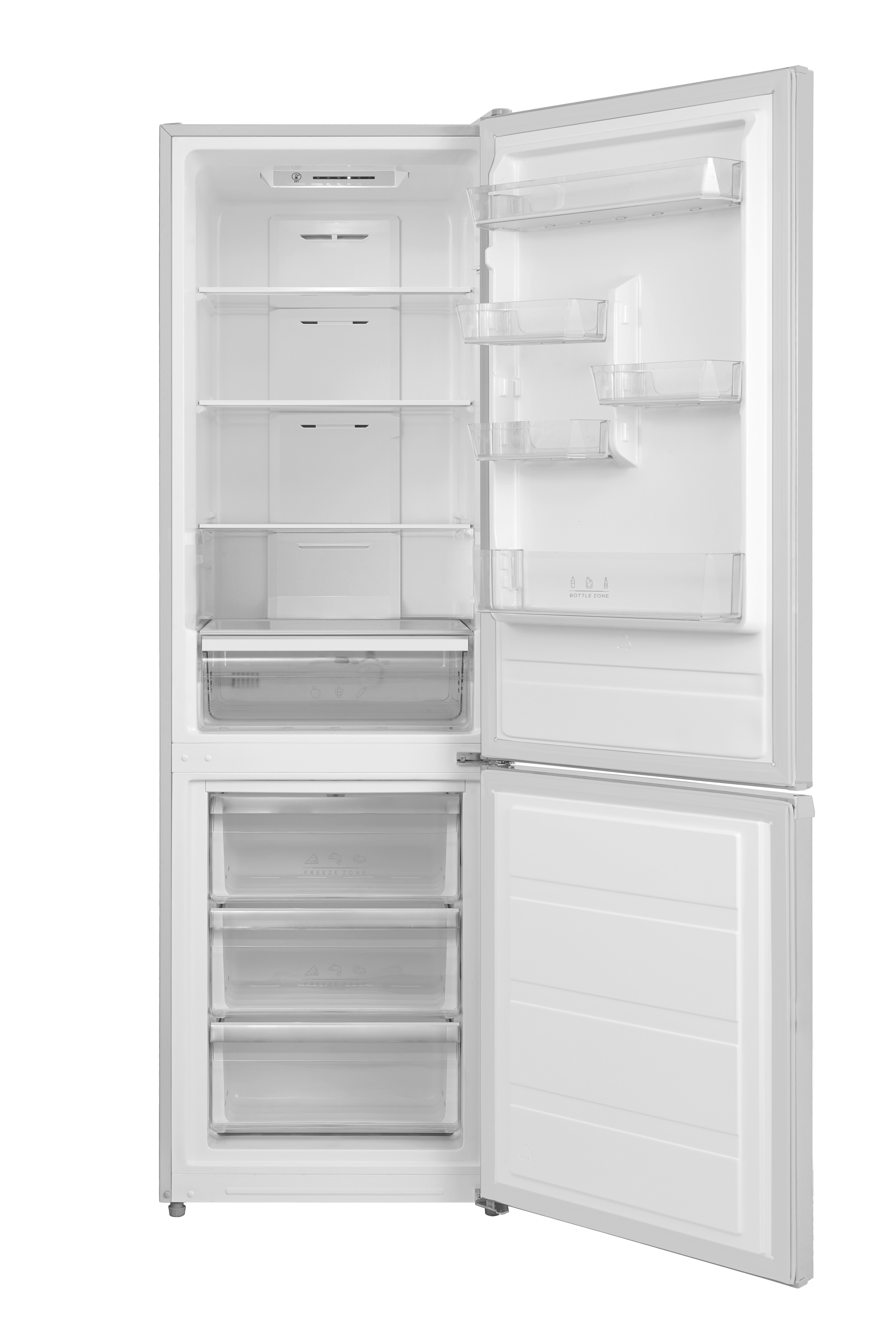 Refrigerador abierto con estantes, cajones y compartimentos. La puerta está entreabierta. El interior es blanco.