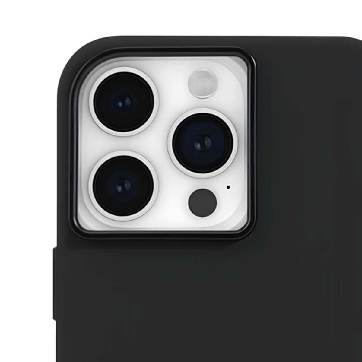 Primo piano di un modulo fotocamera per smartphone. Presenta quattro lenti, un flash e una custodia nera. Le lenti sono nere e lo sfondo è nero.